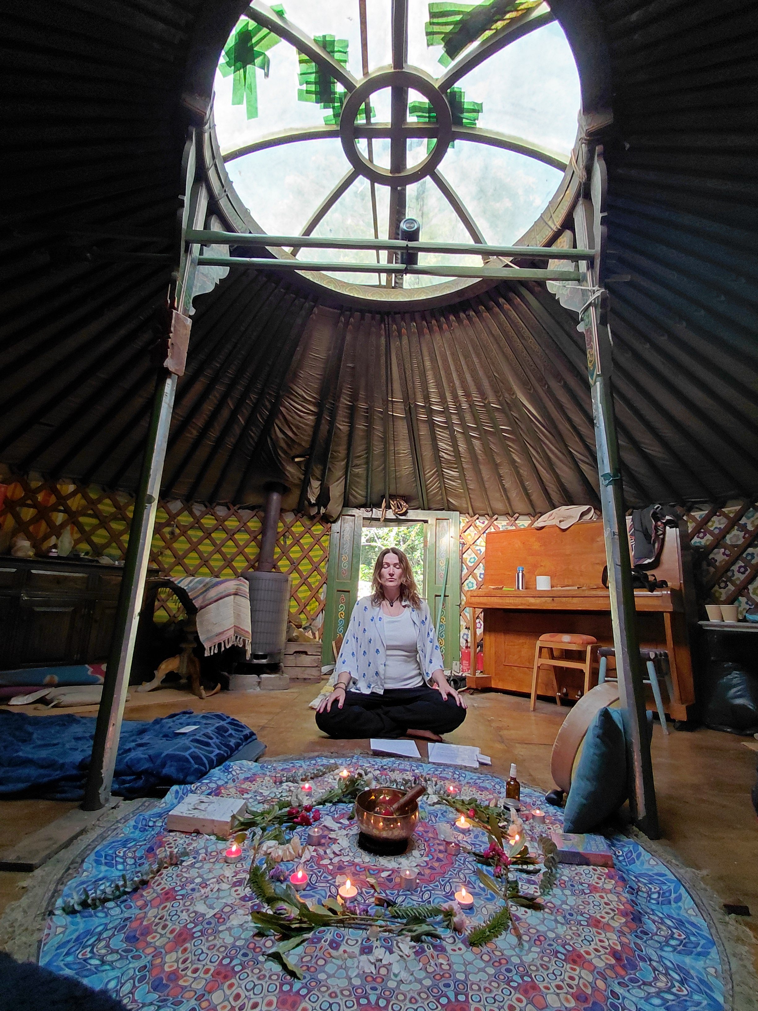 Angela Murtagh in the candle-lit yurt at Berkeley Farm